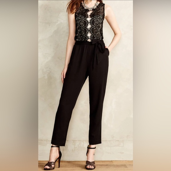 Elevenses Lace Medley Black Jumpsuit size 6 Anthropologie - Picture 1 of 11